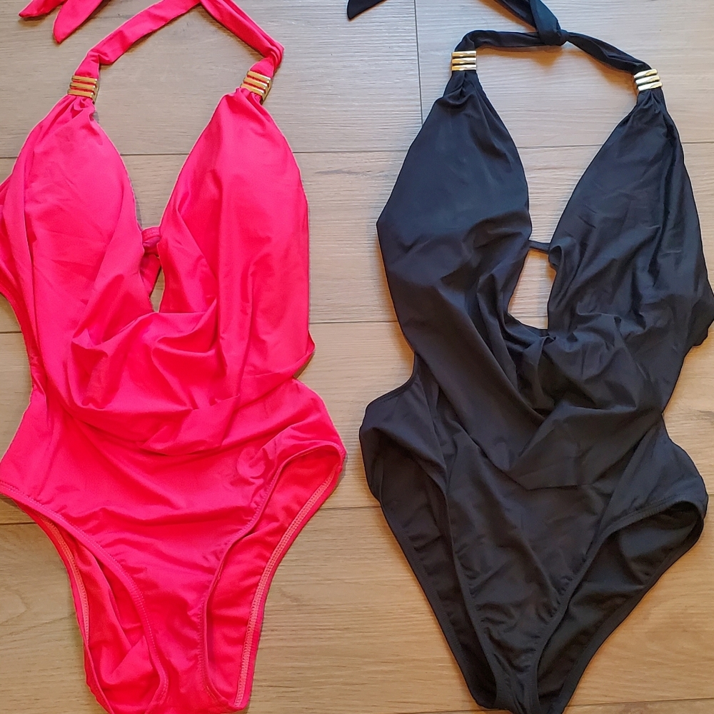 Two Bar III Medium Cowlneck One-Piece Swimsuit Pink and Black